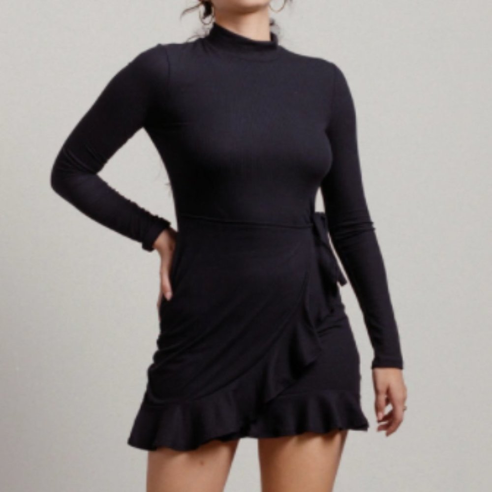 NWOT Blue Blush Many Mumbles Ruffle Wrap Long Sleeve Dress, Black, S